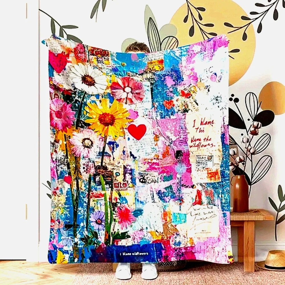 Twin Blanket Bohemian Flannel fleece Throw Blanket Floral Pink blue Comforter
